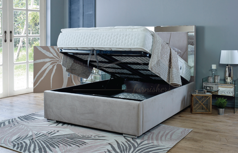 Gas lift storage bed with mirror headboards Topnotchfurnishers.co.uk